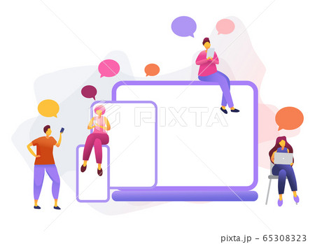 Cartoon icon with social media communication characters. that chat in phone, tablet, notebook with text babble. Cartoon icon with social media communication characters. that chat in phone, tablet, notebook with text babble. 65308323