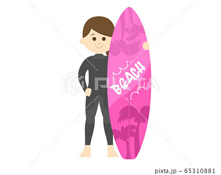 ウェットスーツを着た女性サーファーのイラストのイラスト素材
