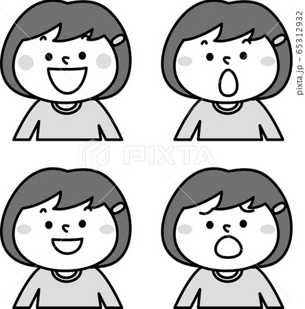 女の子表情4パターン(白黒) 女の子表情4パターン(白黒) 65312932