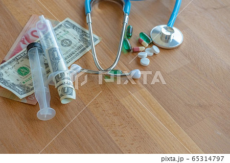 Money such as coins and banknote are on the table with medicines.Dollars for  medical expense with copy space. 65314797