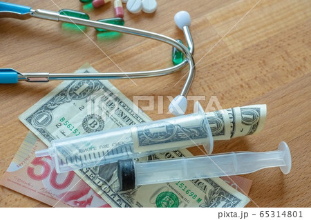 Money such as coins and banknote are on the table with medicines.Dollars for  medical expense with copy space. 65314801