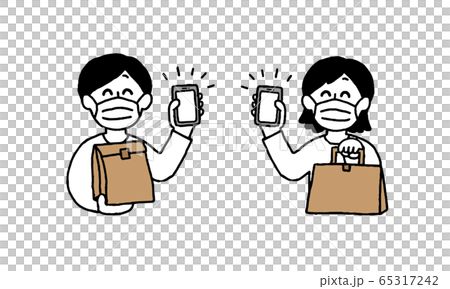 Mask men and women holding smartphones and paper bags (simple) Mask men and women holding smartphones and paper bags (simple) 65317242