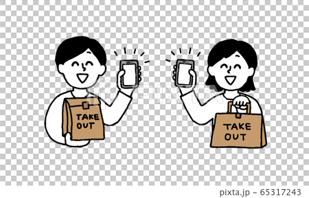 Men and women (simple) holding smartphones and paper bags (takeaway items) Men and women (simple) holding smartphones and paper bags (takeaway items) 65317243