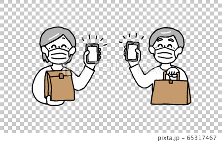 Senior men and women wearing masks holding smartphones and paper bags (simple) 65317467