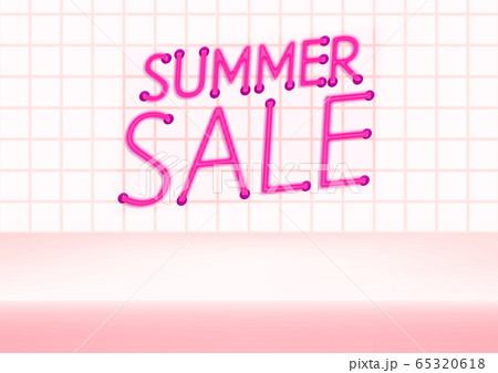 Pink neon lights uppercase signs summer sale on white tiles background. Pink neon lights uppercase signs summer sale on white tiles background. 65320618