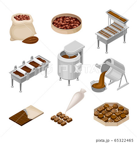 Conveyer Belt with Chocolate Sweets Rested on It and Cocoa Beans as Main Ingredient Vector Set 65322465