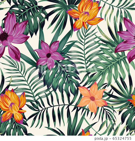 Vivid flowers tropical leaves seamless pattern 65324755