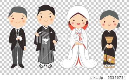新郎新婦と両親 結婚式 綿帽子 和装 のイラスト素材
