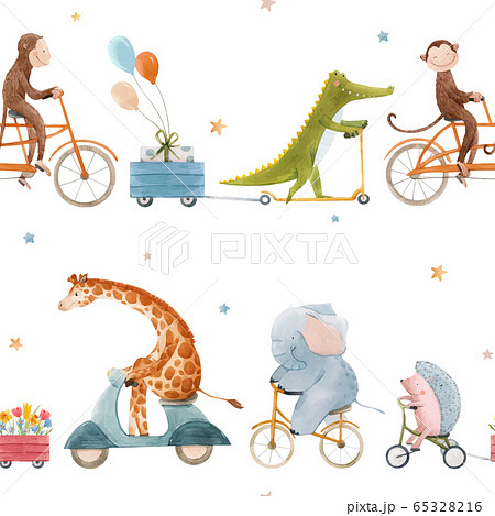 Beautiful vector seamless pattern for children with watercolor hand drawn cute animals on transport. Stock illustration. Beautiful vector seamless pattern for children with watercolor hand drawn cute animals on transport. Stock illustration. 65328216