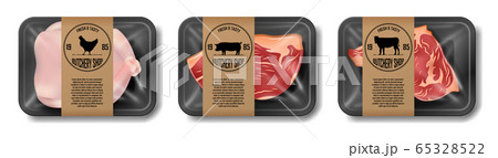 Relistic meat packaging of beef, pork and chicken. Set of supermarket meat package isolated on white. Beef and pork steak. vector illustration Relistic meat packaging of beef, pork and chicken. Set of supermarket meat package isolated on white. Beef and pork steak. vector illustration 65328522