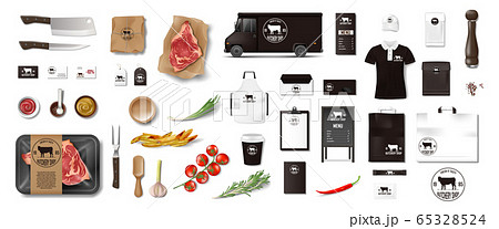 Variety of food in the butcher shop. Restaurant Brand Identity mockup set isolated. Branding packaging elements for meat shop, cafe or steak house. supermarket food in pack. Vector 65328524