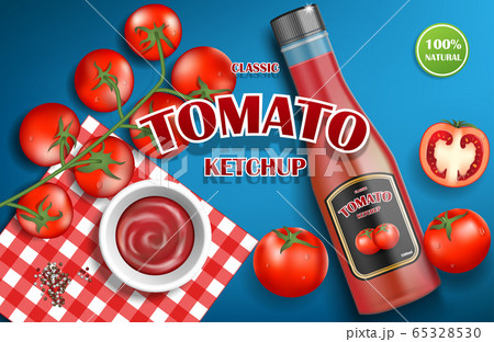 Tomato ketchup advertising for your design. Realistic ketchup sauce bottle with fresh tomatoes on blue background. 3d vector illustration 65328530