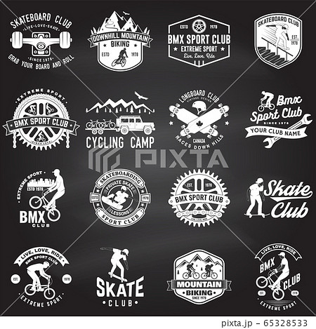 Set of bmx, skateboard, mtb extreme sport club badge on chalkboard. Vector. Concept for shirt, logo, print, stamp, tee with man ride on a sport bicycle, skateboard and bmx. Extreme sport club badge 65328533