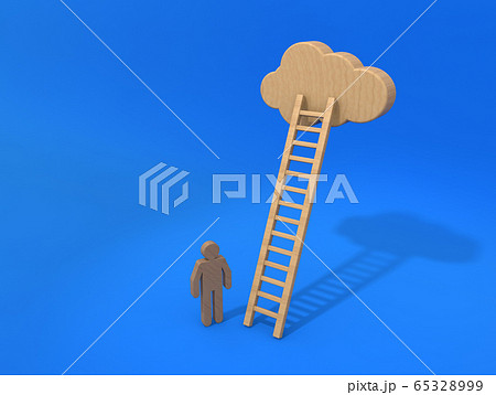 雲に梯子をかける 梯子を登る人物 3dレンダリングのイラスト素材