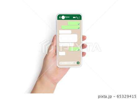 closeup hand holding smart phone with social network mock up blank speech bubbles template chat box dialogue on phone screen for text chatting and online message concept, isolated on white background closeup hand holding smart phone with social network mock up blank speech bubbles template chat box dialogue on phone screen for text chatting and online message concept, isolated on white background 65329415