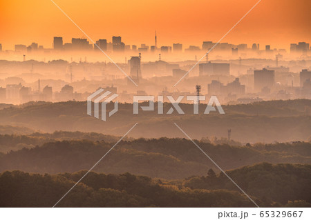東京都 近郊から望む東京都心の眺め 早朝の写真素材