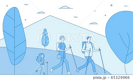Hiking people. Family hikers, parents daughter walking on nature. Summer camping vector illustration 65329966