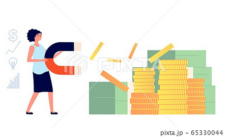 Money attraction. Woman holdings magnete. Business lady attracting investment. Magnetic power, wealth and gold coins vector illustration 65330044