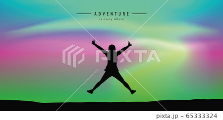 happy girl jumps on aurora borealis beautiful polar lights background 65333324