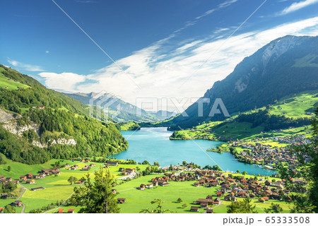 Aerial view on Lungernsee lake, Switzerland, Aerial view on Lungernsee lake, Switzerland, 65333508
