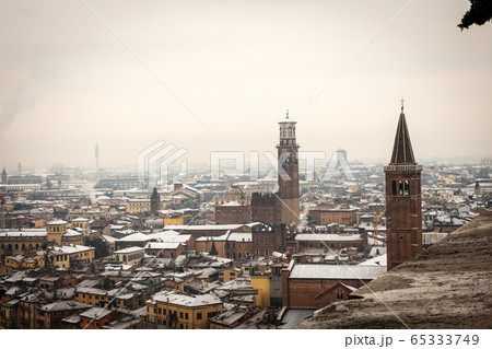 Aerial view of Verona downtown in winter with snow - Veneto Italy 65333749