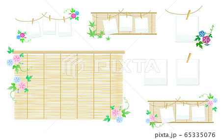 すだれと朝顔と紅葉とポラロイド写真フレームのベクターイラストセットのイラスト素材