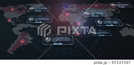 World Virus GUI in HUD style. The spreading virus on The world map. Covid-19, Covid 19 map confirmed cases report worldwide globally. Coronavirus disease 2019 situation update worldwide. Vector World Virus GUI in HUD style. The spreading virus on The world map. Covid-19, Covid 19 map confirmed cases report worldwide globally. Coronavirus disease 2019 situation update worldwide. Vector 65335397