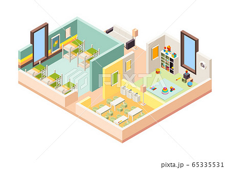 Kindergarten interior. Playground room preschool building with kitchen lessons game place and bedroom for little kids vector 3d interior Kindergarten interior. Playground room preschool building with kitchen lessons game place and bedroom for little kids vector 3d interior 65335531