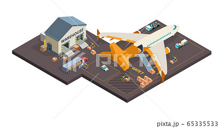 Cargo aircraft. Loading airplane packages and containers airport truck refueling vector isometric cargo transport 65335533