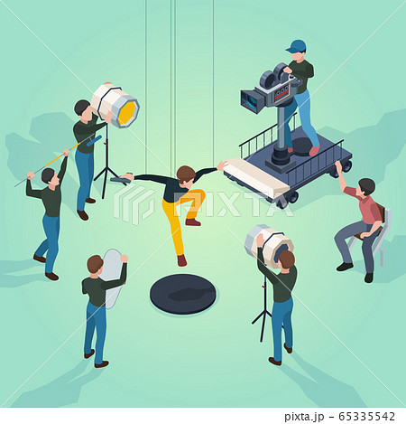 Movie set. Film makers director actors and technical staff working video production process cameras technic vector isometric 65335542