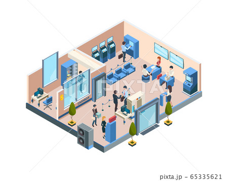 Bank interior isometric. Business financial offices with different banking workers managers and clients customers dialogue vector people 65335621