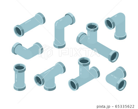 Pipe isometric. Industrial connection oil pipes with red valve vector isolated set 65335622