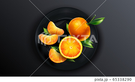 Composition of mandarins on a black plate. Composition of mandarins on a black plate. 65338290