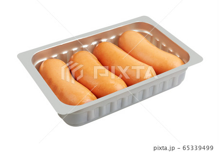 Boiled Sausages in pack, isolated on white 65339499