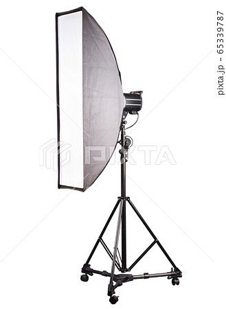 Photo studio lighting stands with flash and softbox isolated on the white. 65339787