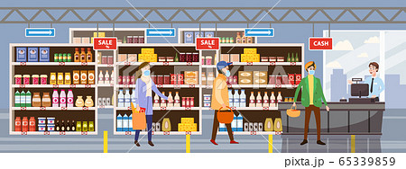 Big Shop Super Market Shopping Mall Interior store inside shelves with dairy products. People buyers in medical masks in line at cash desk. Flat Vector Illustration Big Shop Super Market Shopping Mall Interior store inside shelves with dairy products. People buyers in medical masks in line at cash desk. Flat Vector Illustration 65339859