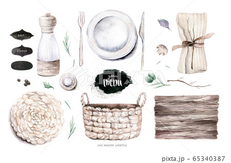 Table setting, top view. Watercolor hand drawn illustrations type of plate, fork, spoon, knife, wooden cuttig board, pan, wooden backgraund texture. Olive oil, paper and textile napkin , wicker basket 65340387