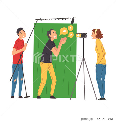 Male Blogger Streaming Online, Cameraman and Soundman Recording Video and Sound with Camera and Microphone, Social Media Blogging Cartoon Vector Illustration 65341348
