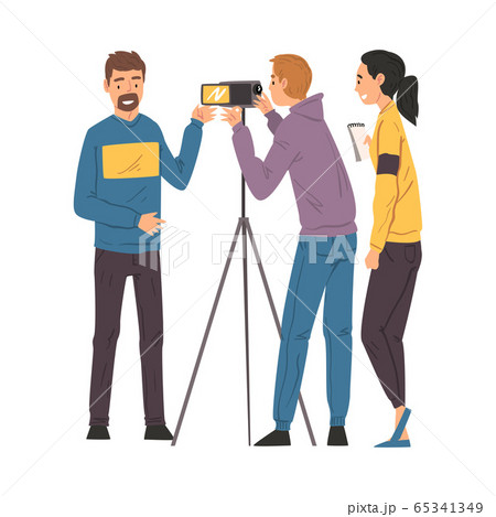 Male Blogger Streaming Online, Cameraman and Assistant Recording Video with Camera on Tripod, Social Media Blogging Cartoon Vector Illustration 65341349