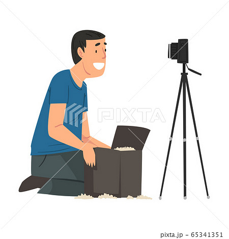 Male Blogger Unboxing Purchase, Online Parcel Unpacking Cartoon Vector Illustration 65341351