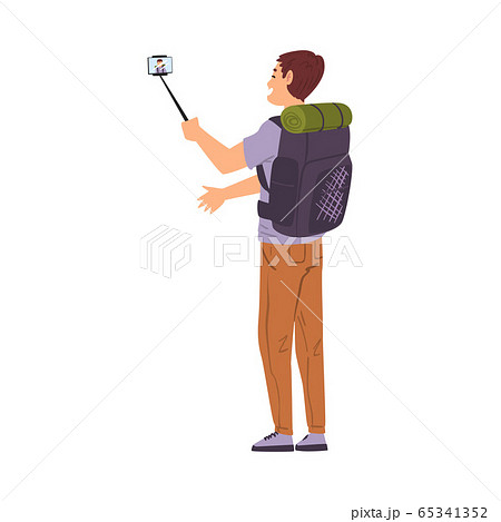 Male Travel Blogger with Backpack Talking Photo or Recording Video Using Smartphone Cartoon Vector Illustration 65341352