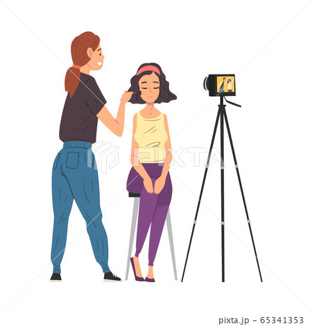 Professional Visagiste Making Makeup for Client and Recording Video Blog with Camera on Tripod, Blogger Showing Latest Trend Makeup Tutorials Cartoon Vector Illustration 65341353
