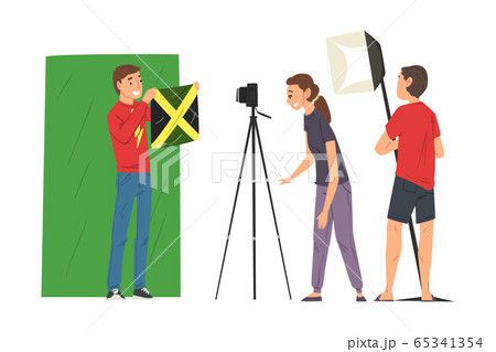 Male Blogger Streaming Online, Cameraman and Light Technician Recording Video, Social Media Blogging Cartoon Vector Illustration 65341354