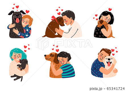 Kids hugging dog pets 65341724
