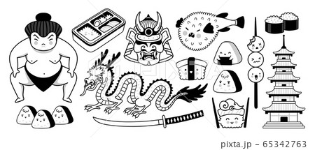 Japanese sumo wrestler, samurai mask, fugu fish, dragon, pagoda and sushi. 65342763