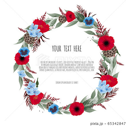 Floral vector wreath with green eucalyptus leaves, anemone and garden flowers Floral vector wreath with green eucalyptus leaves, anemone and garden flowers 65342847