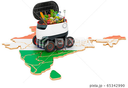 Autonomous delivery robot in India, 3D rendering Autonomous delivery robot in India, 3D rendering 65342990