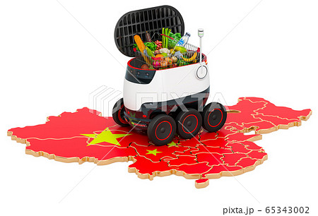 Autonomous delivery robot in China, 3D rendering Autonomous delivery robot in China, 3D rendering 65343002