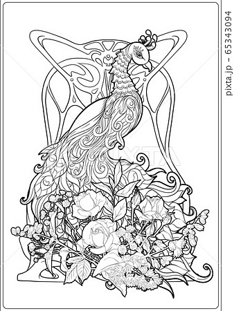 Poster with peacock and roses in art nouveau Poster with peacock and roses in art nouveau 65343094