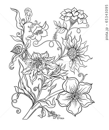 Fantasy flowers in retro, vintage, jacobean embroidery style. Fantasy flowers in retro, vintage, jacobean embroidery style. 65343095
